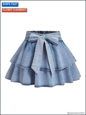 Plus Size Jean Skirt Bow Knot Layered Ruffle Mini Denim Elastic Waist Y2k